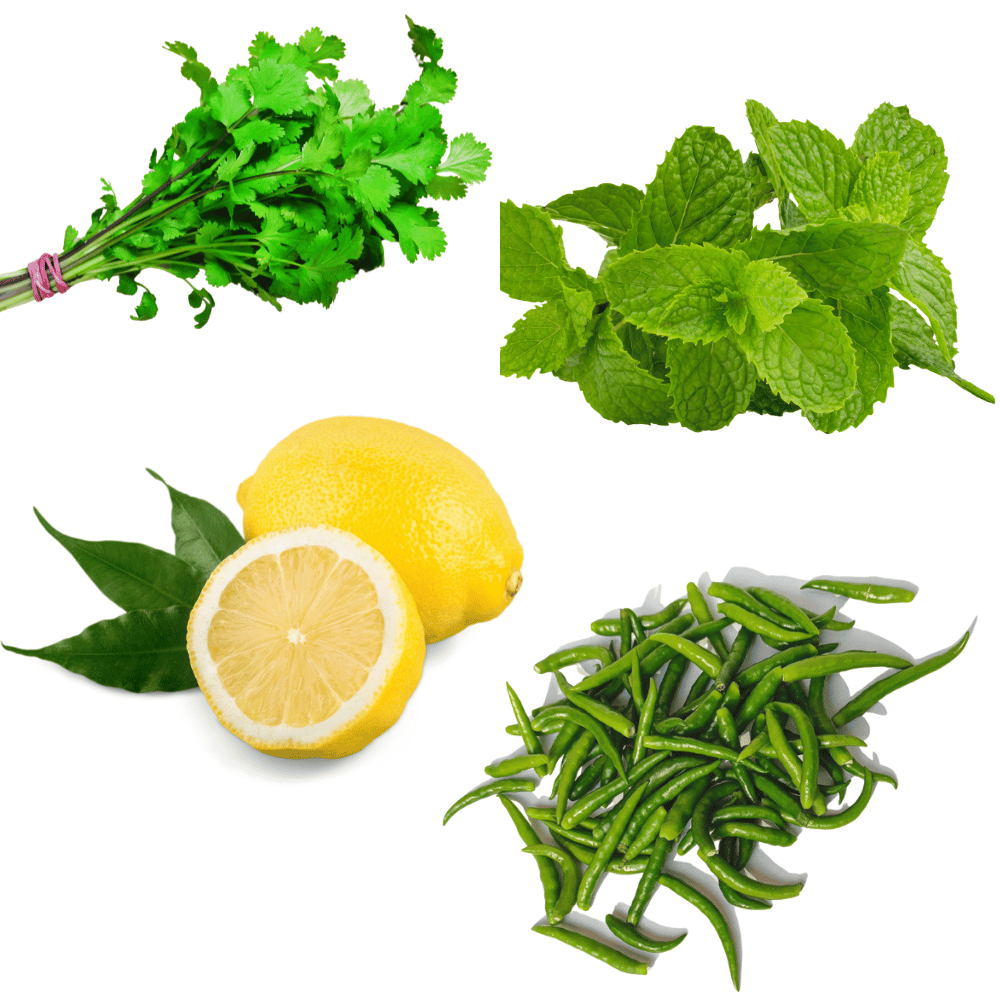 Green Chilli(100g), Lemons (2pcs), Coriander (1 bunch), Mint (1 bunch)